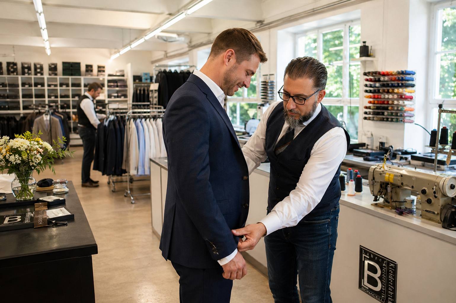 Bonacelli Verkäufer steckt bei einer Anprobe im Factory Store einen Anzug ab