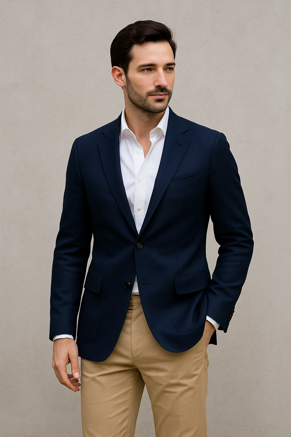 Stilvoll gekleideter Mann im navyfarbenen Blazer, weißem Hemd und beiger Chinohose, klassischer zeitloser Herrenstil vor neutralem Hintergrund